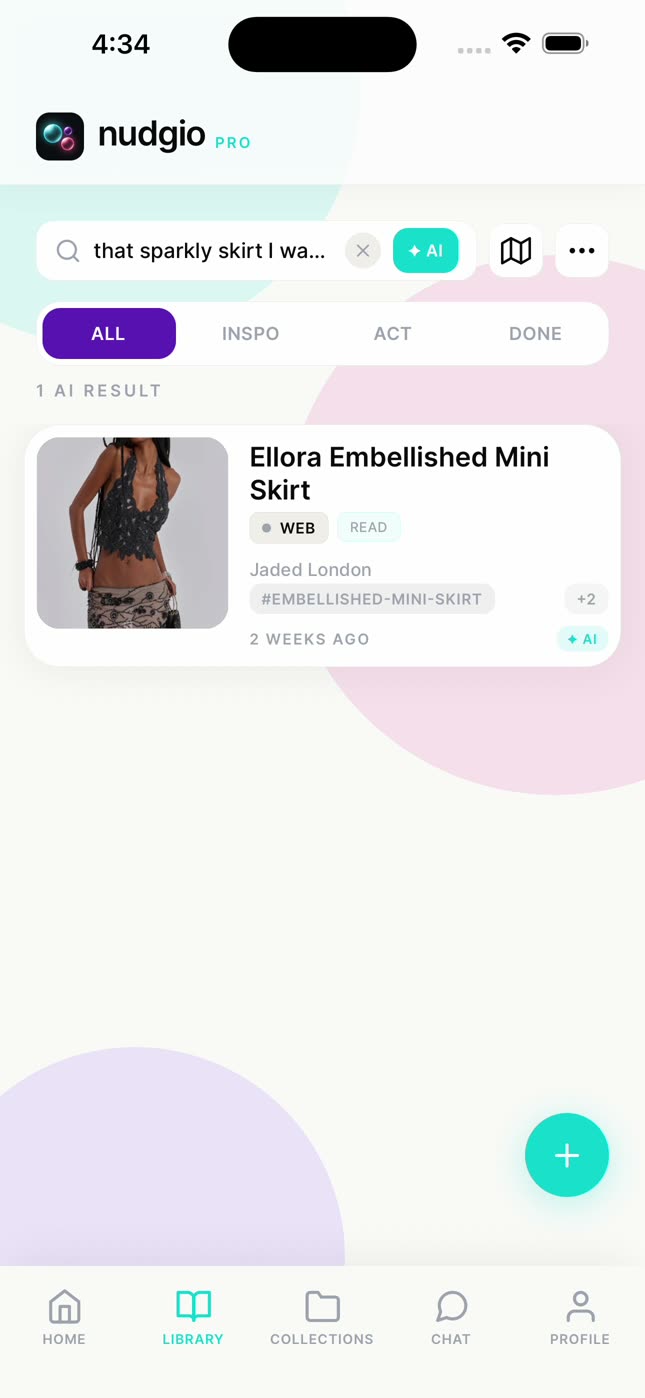 nudgio AI search finding "Ellora Embellished Mini Skirt" from "that sparkly skirt I wa…"