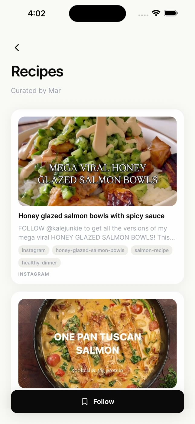 A collection shared to follow, Recipes, with the Follow button