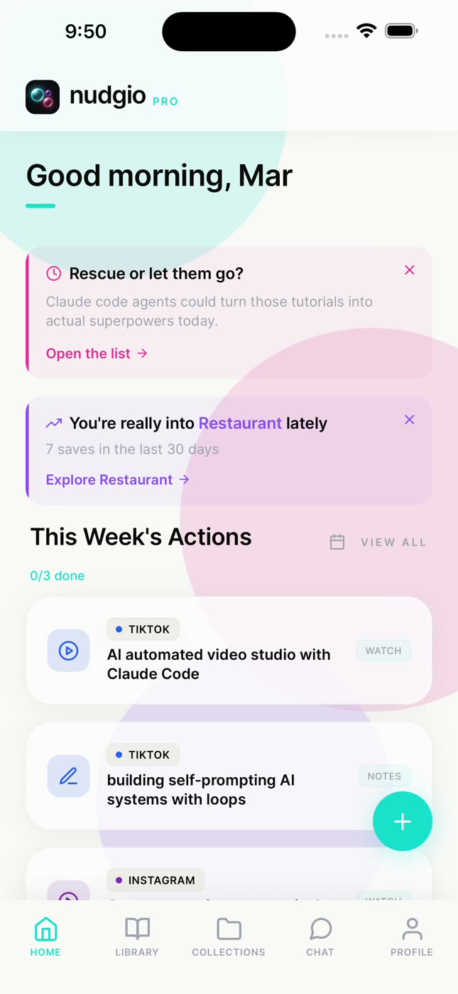 The nudgio home with This Week’s Actions and the Rescue or let them go card
