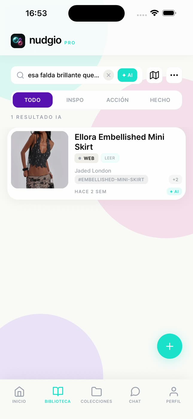 La búsqueda con IA de nudgio encontrando "Ellora Embellished Mini Skirt" a partir de "esa falda brillante que…"