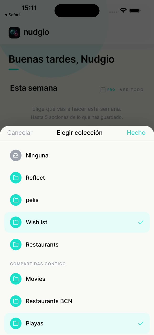 Guardando un sitio en nudgio y eligiendo la colección compartida Playas