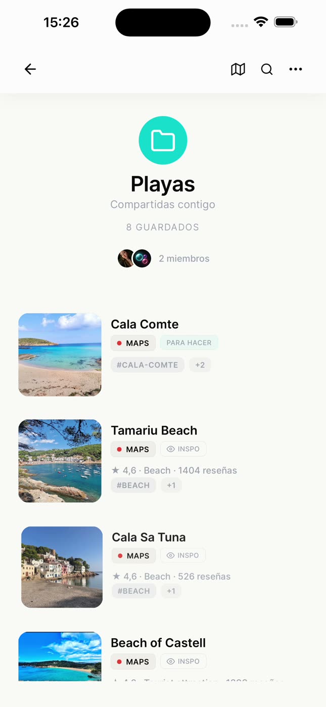 La colección compartida Playas, con dos miembros y sus guardados