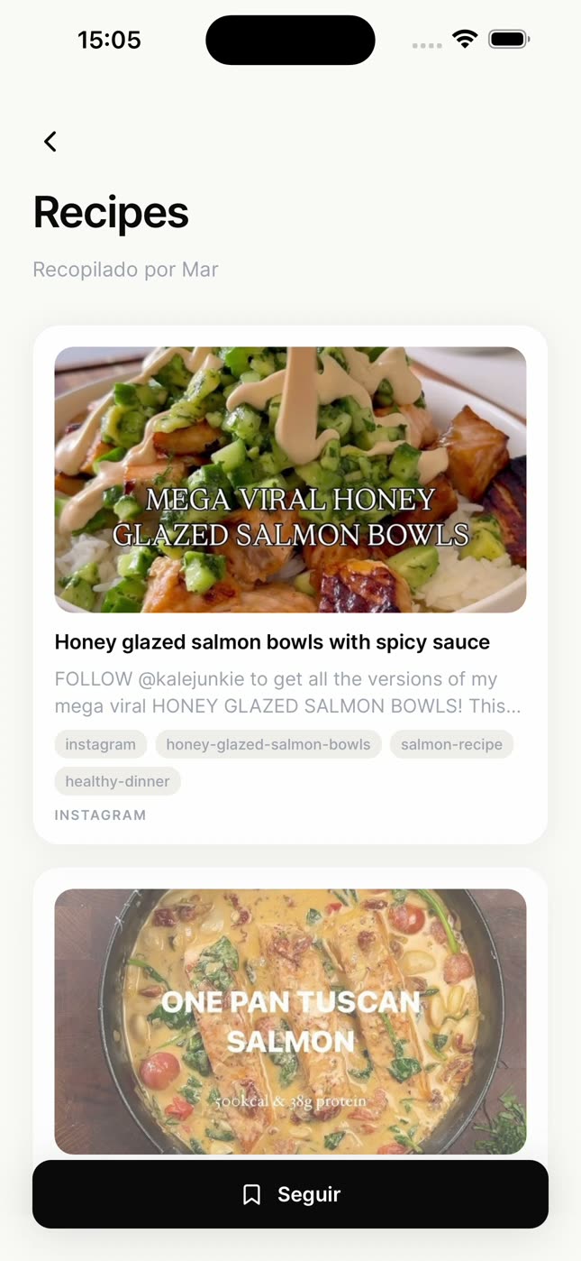 Una colección compartida para seguir, Recipes, con el botón Seguir