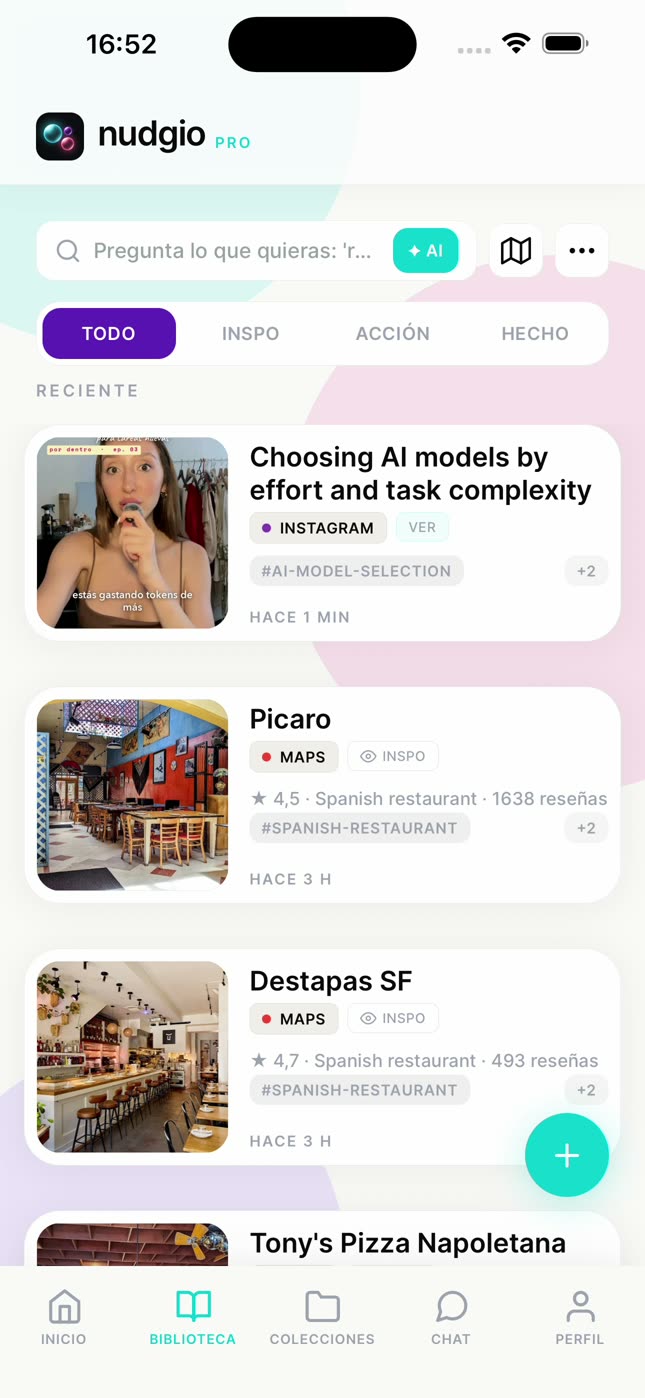 La biblioteca de nudgio con los filtros Todo, Inspo, Acción y Hecho