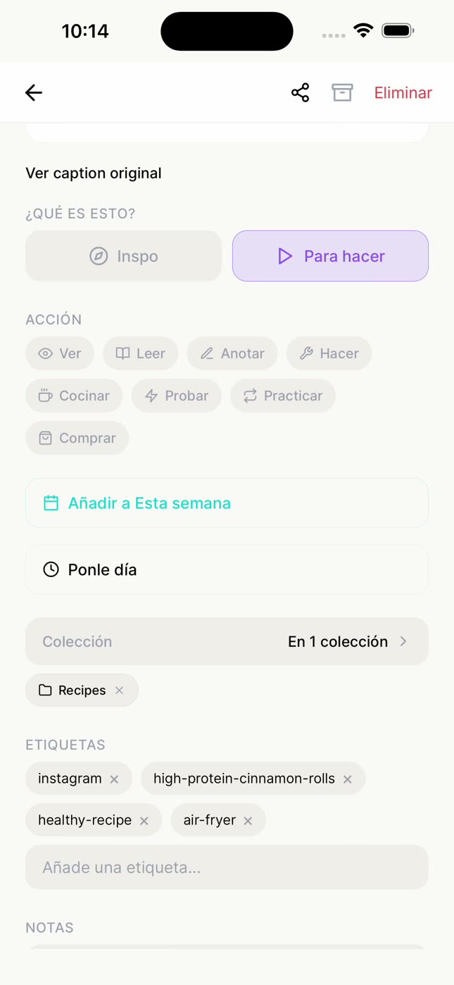 Un guardado de nudgio con las opciones Inspo y Para hacer, Añadir a Esta semana y Ponle día