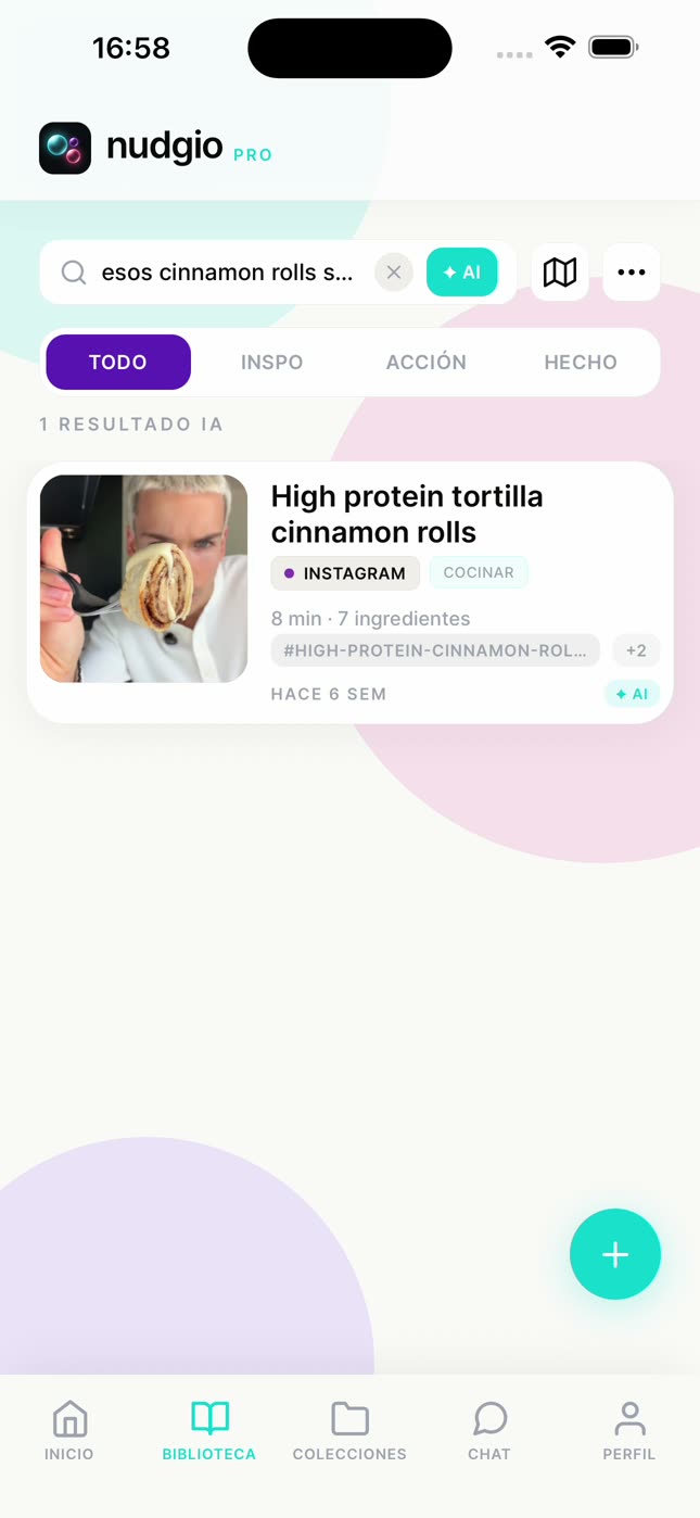 La búsqueda con IA de nudgio encontrando "High protein tortilla cinnamon rolls" a partir de "esos cinnamon rolls…"