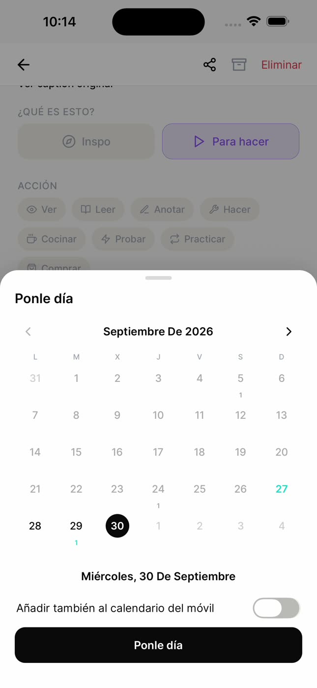 La hoja Ponle día de nudgio, con el calendario y la opción de añadirlo al calendario del móvil