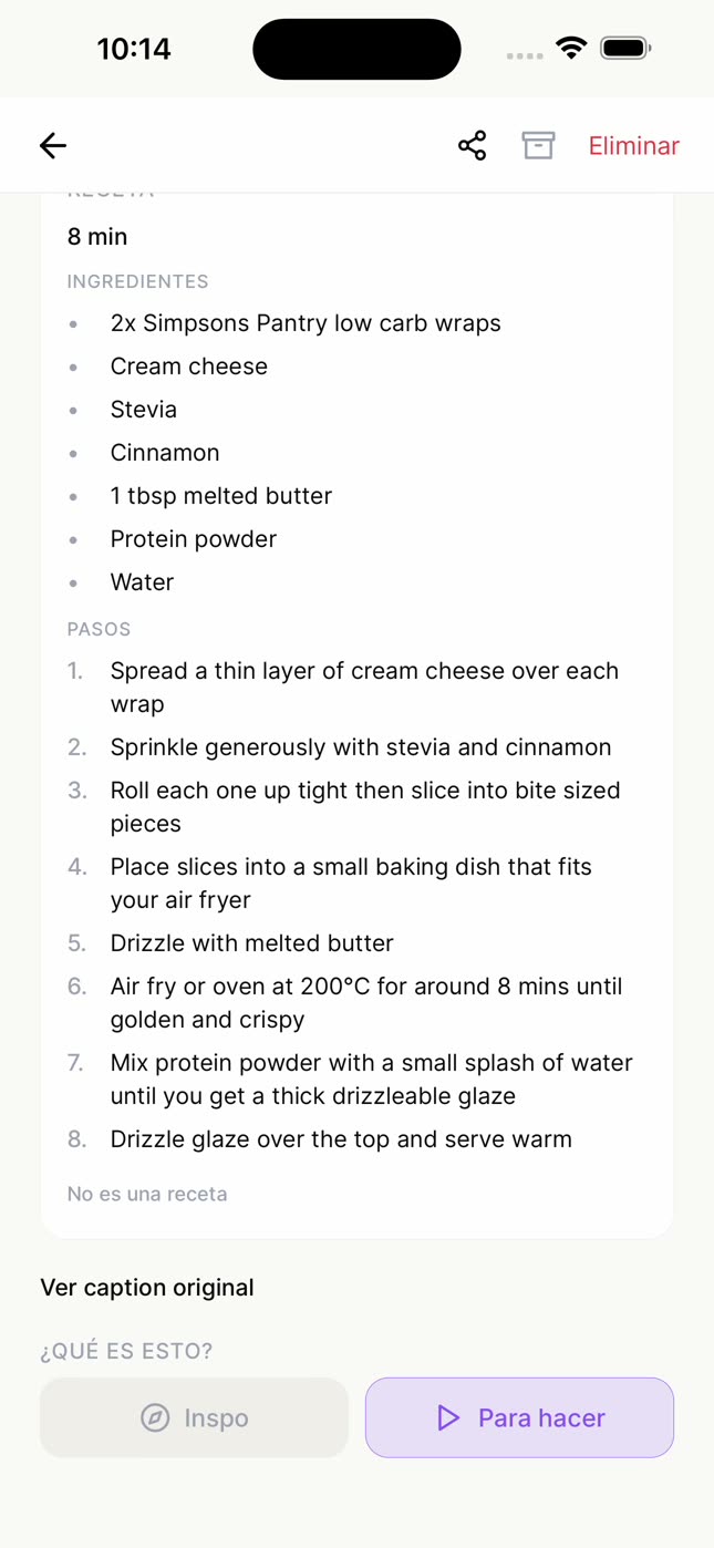 La ficha de una receta guardada en nudgio, con su tiempo, sus ingredientes y sus pasos