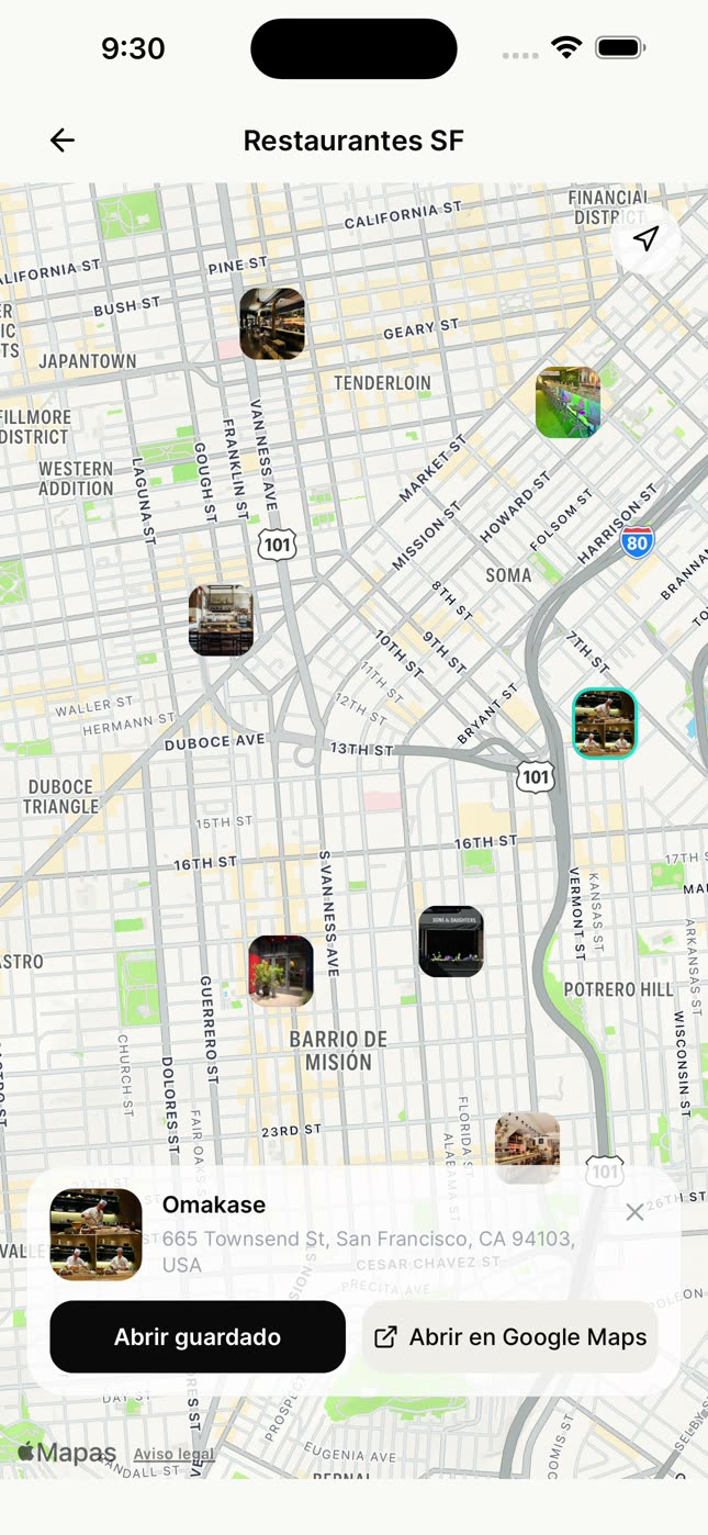 Un punto del mapa de nudgio con los botones Abrir guardado y Abrir en Google Maps