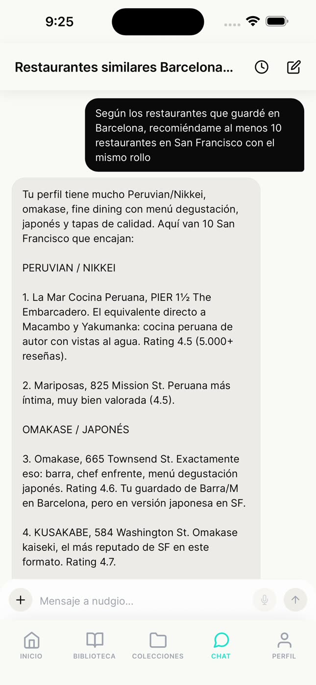 El chat de nudgio recomendando sitios en San Francisco a partir de los guardados en Barcelona