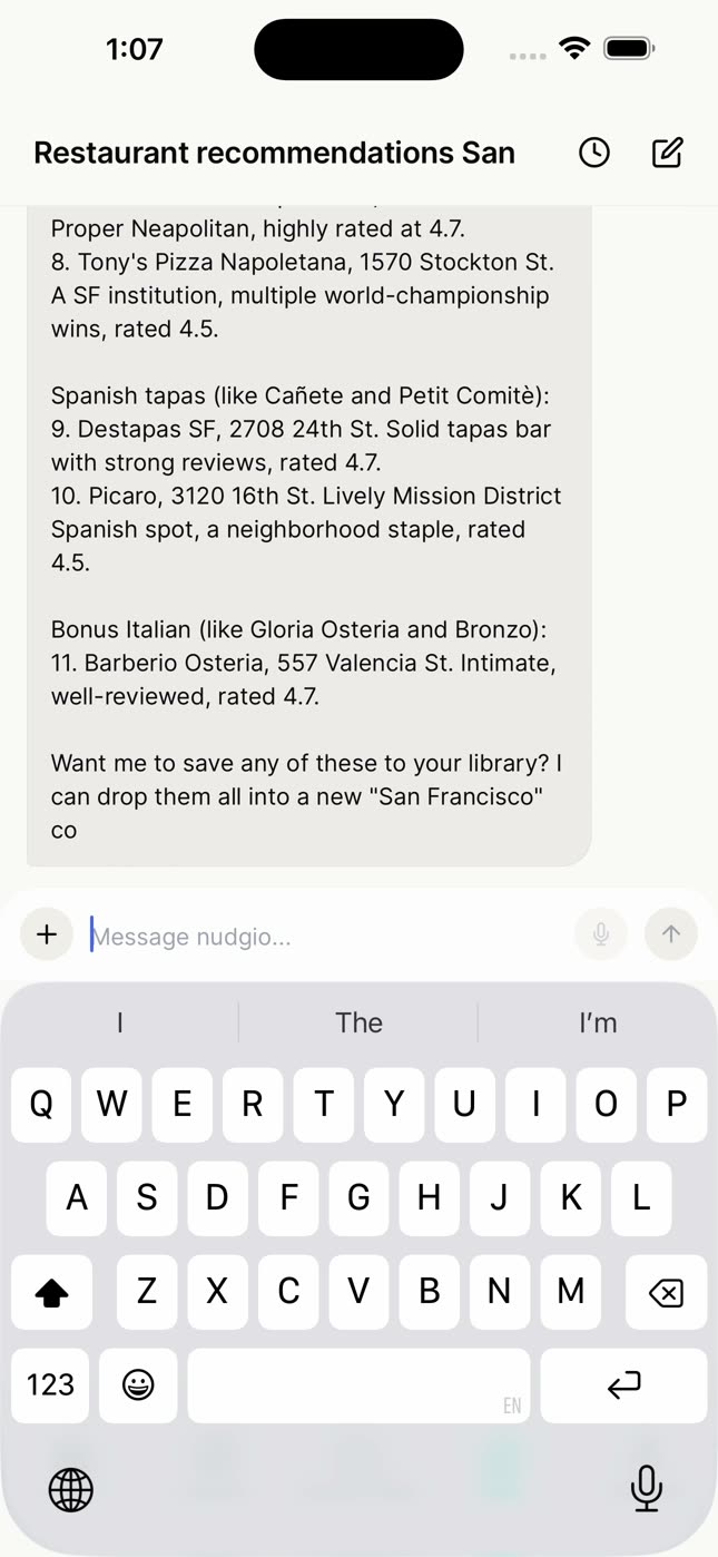 The nudgio chat recommending places in San Francisco based on the ones saved in Barcelona