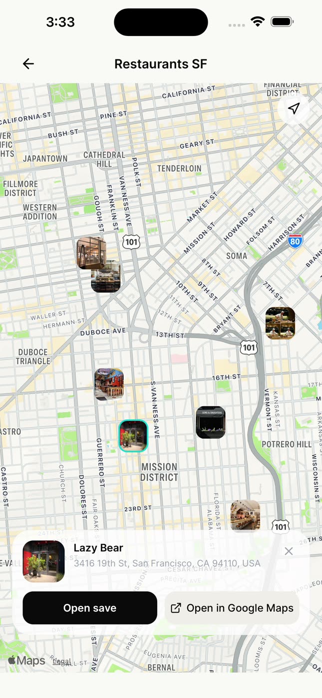 A pin on the nudgio map with the Open save and Open in Google Maps buttons