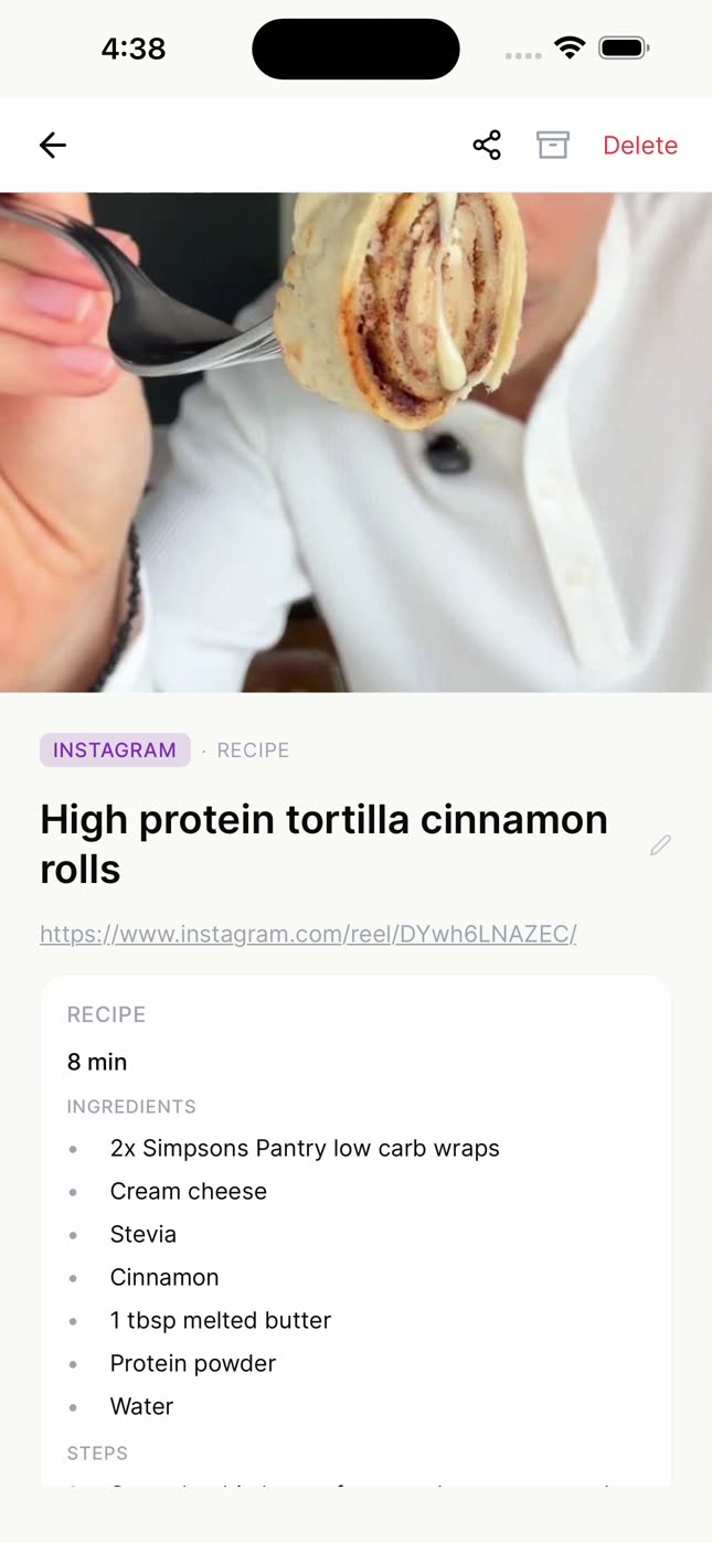 A recipe saved in nudgio, with its time and its ingredients
