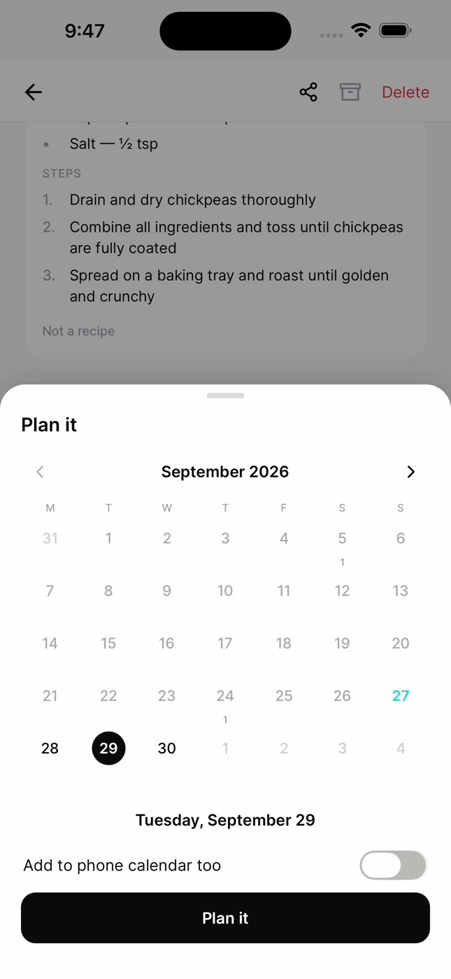 The nudgio Plan it sheet, with the calendar and the option to add it to the phone calendar