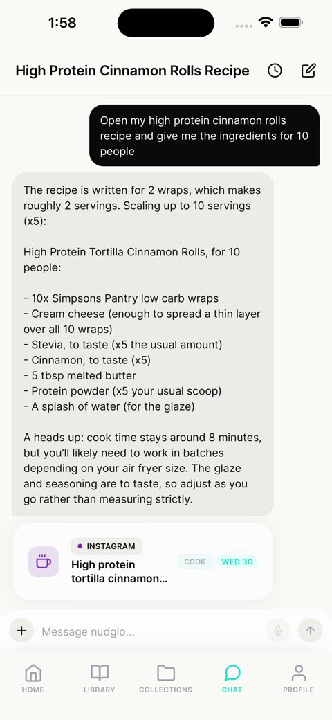 The chat scaling a saved recipe for 10 people