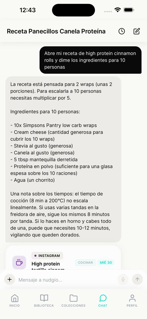 El chat adaptando una receta guardada para 10 personas